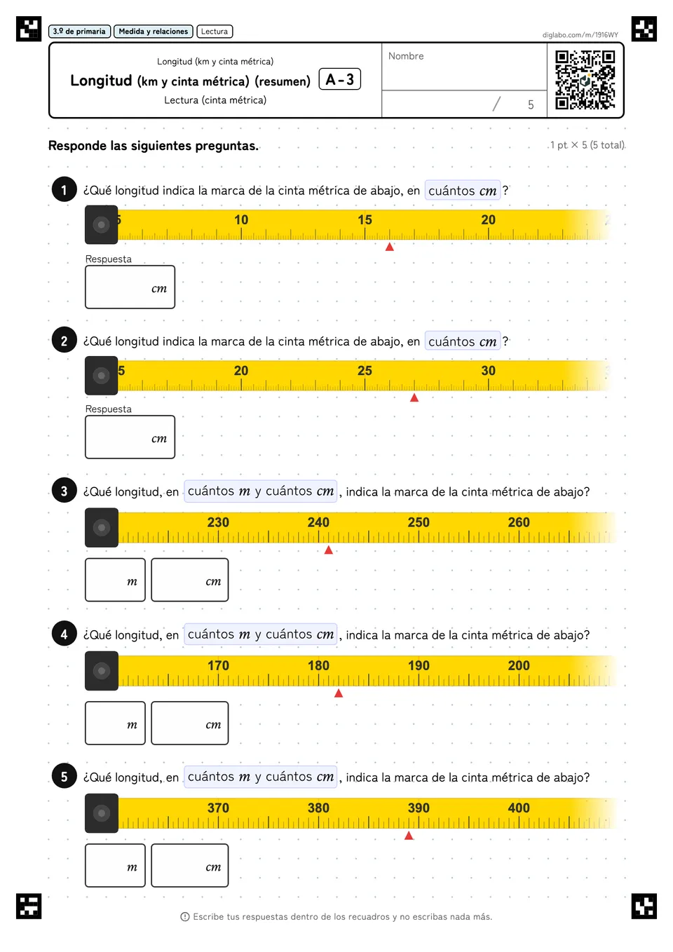 3.º de primaria Longitud (km y cinta métrica) Longitud (km y cinta métrica) (resumen)