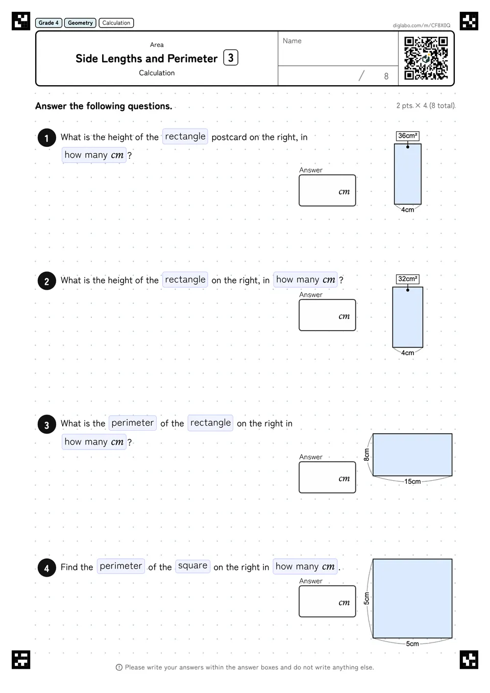 Grade 4 (Elementary School) Area Side Lengths and Perimeter