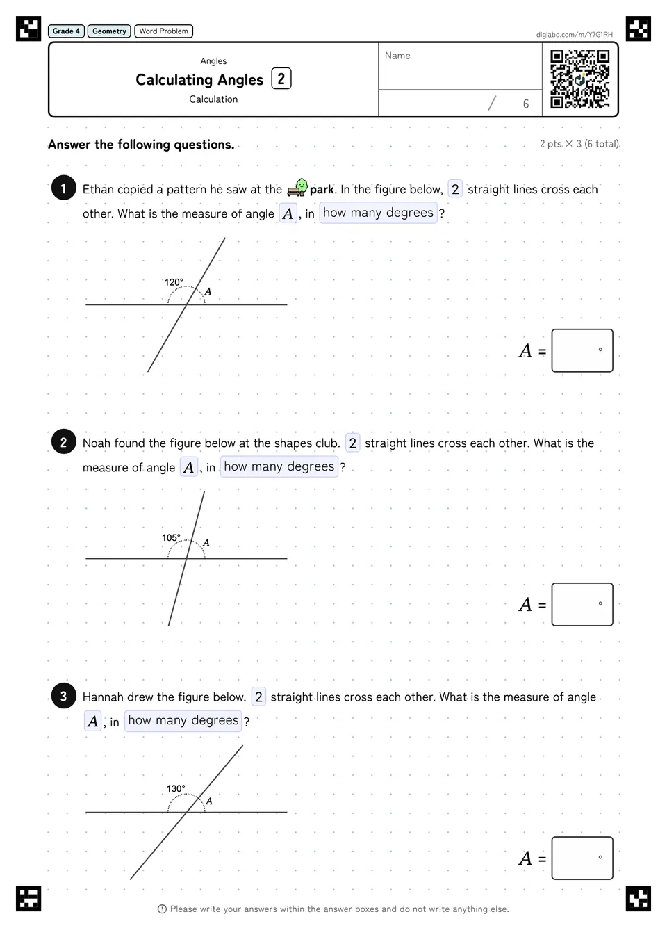 Grade 4 (Elementary School) Angles Calculating Angles