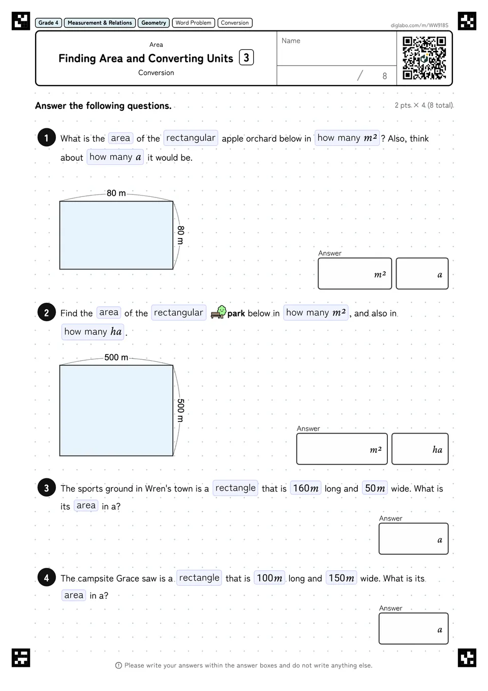 Grade 4 (Elementary School) Area Finding Area and Converting Units
