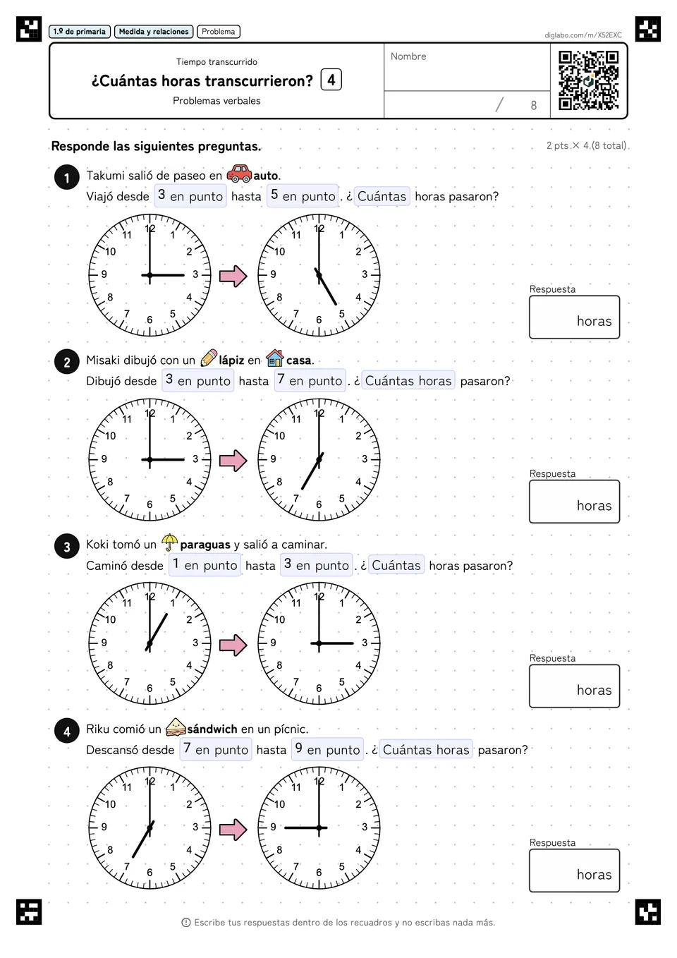 1.º de primaria Tiempo transcurrido ¿Cuántas horas transcurrieron?
