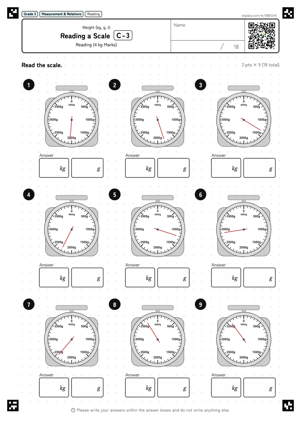 Grade 3 (Elementary School) Weight (kg, g, t) Reading a Scale