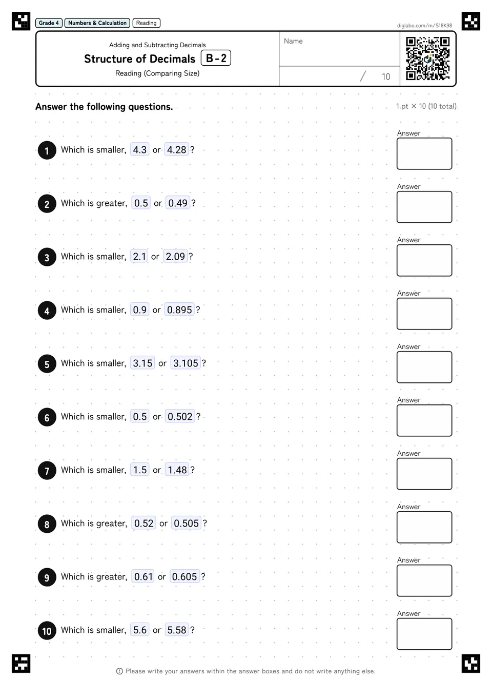 Grade 4 (Elementary School) Adding and Subtracting Decimals Structure of Decimals