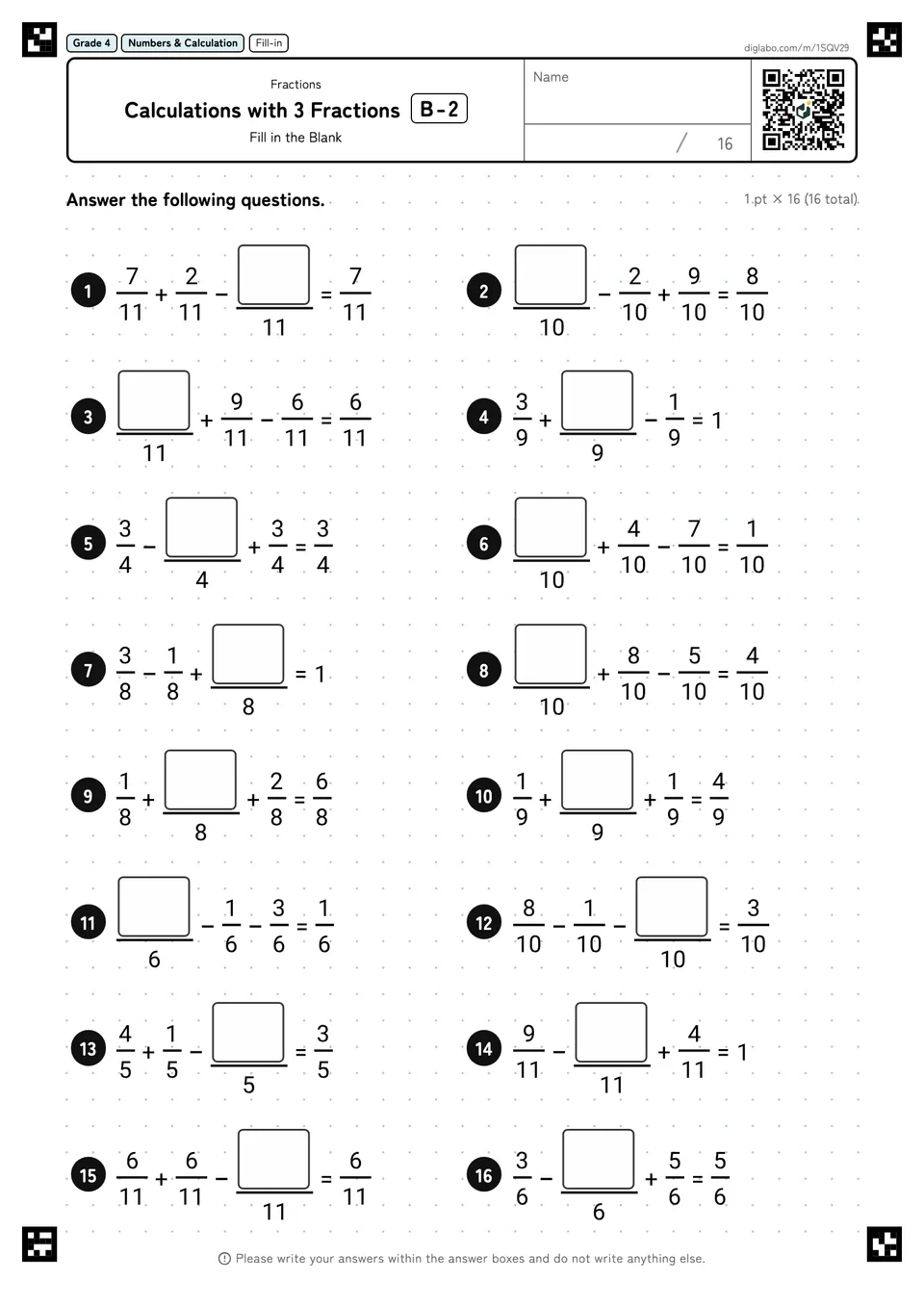 Grade 4 (Elementary School) Fractions Calculations with 3 Fractions