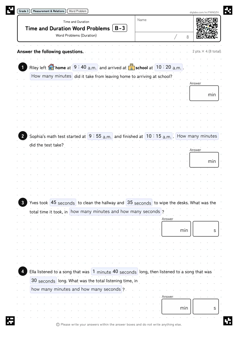 Grade 3 (Elementary School) Time and Duration Time and Duration Word Problems