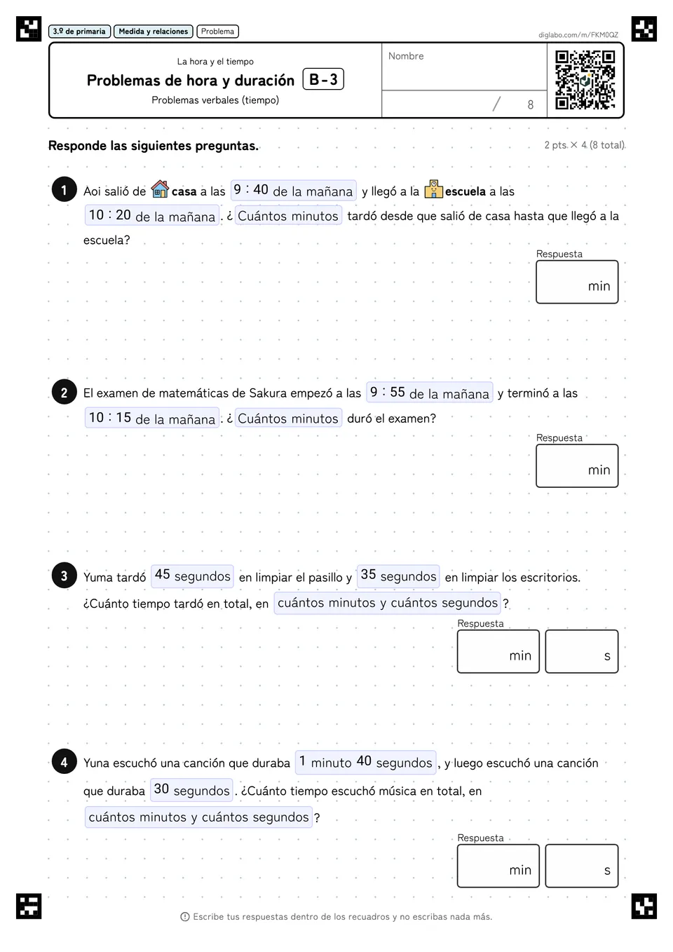 3.º de primaria La hora y el tiempo Problemas de hora y duración
