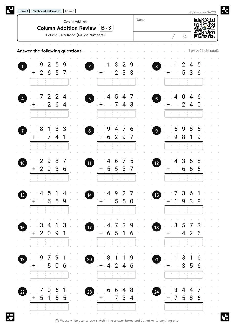 Grade 3 (Elementary School) Column Addition Column Addition Review