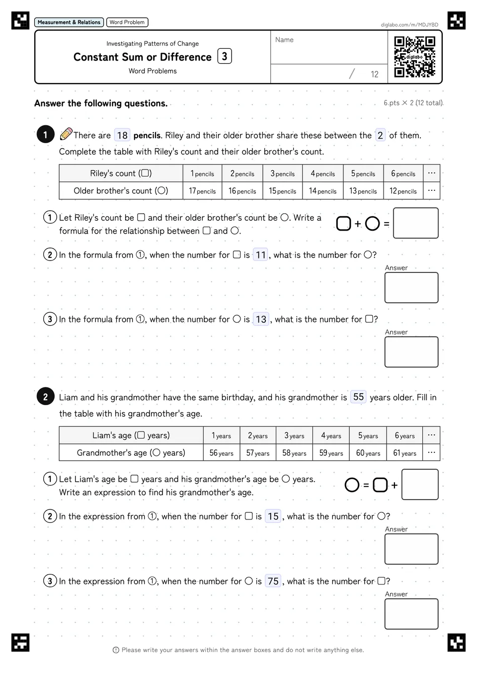 Constant Sum or Difference 3