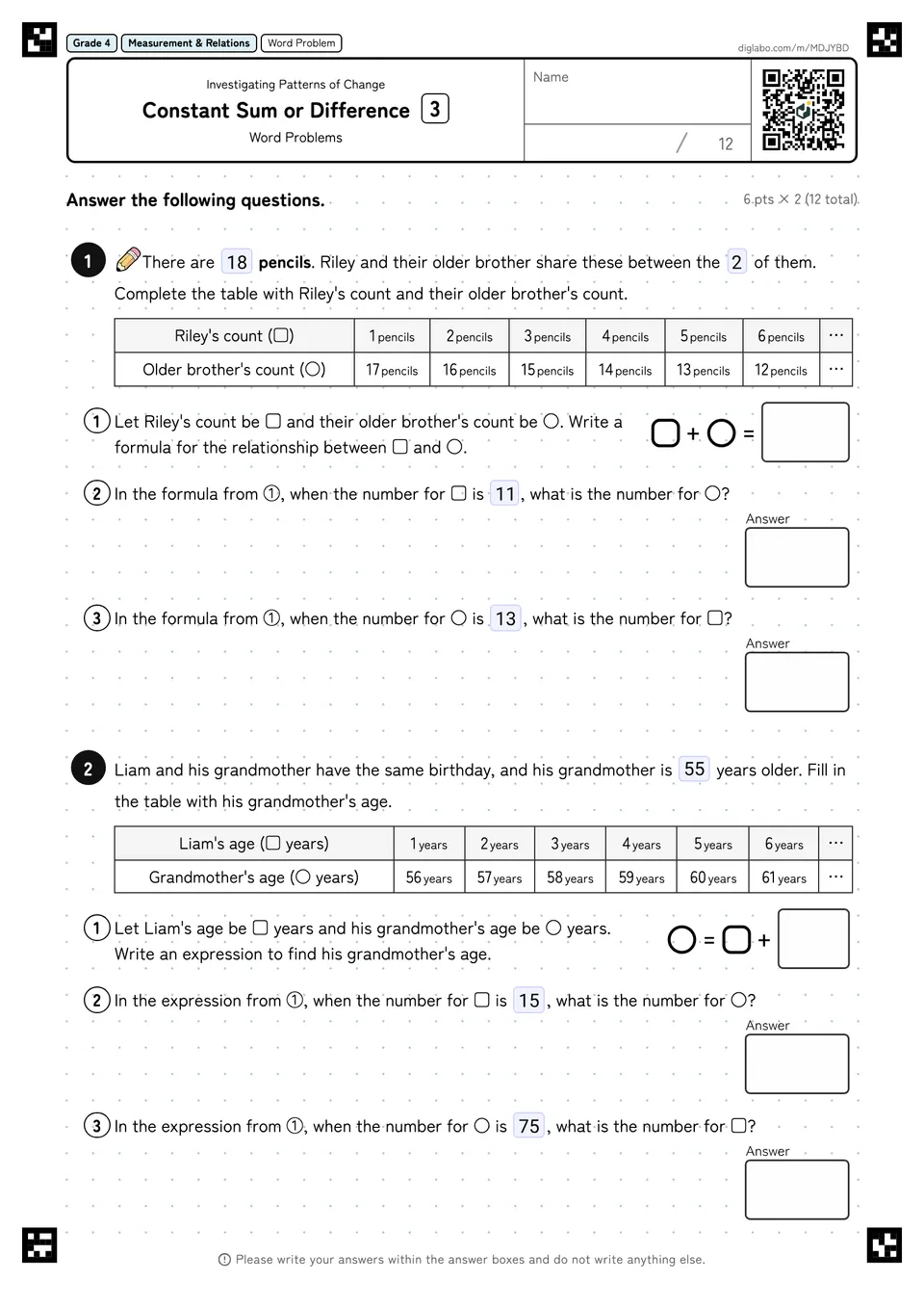 Grade 4 (Elementary School) Investigating Patterns of Change Constant Sum or Difference