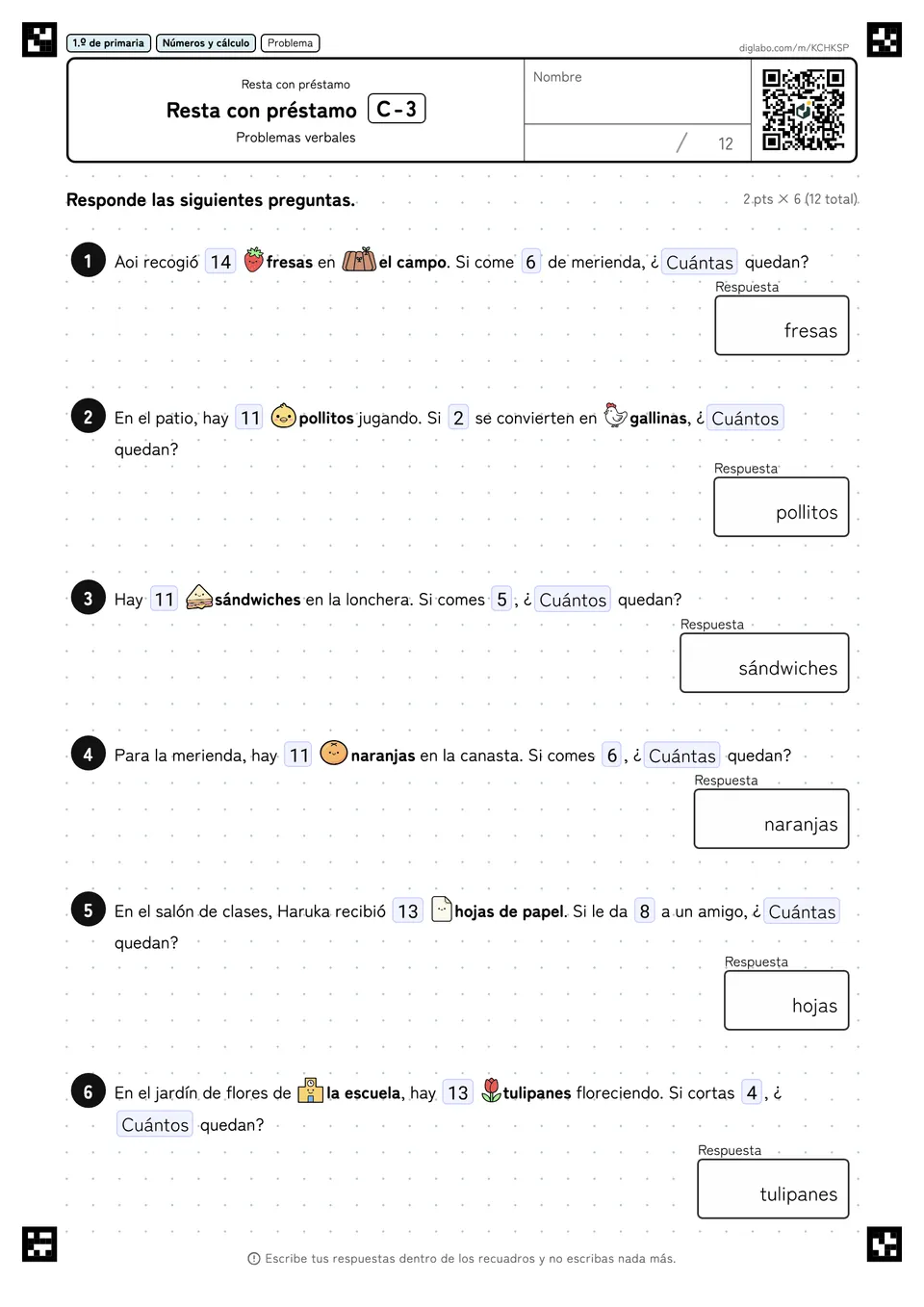 1.º de primaria Resta con préstamo Resta con préstamo