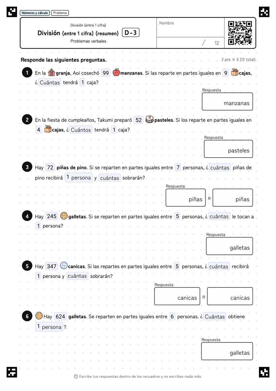 División (entre 1 cifra) (resumen) D-3