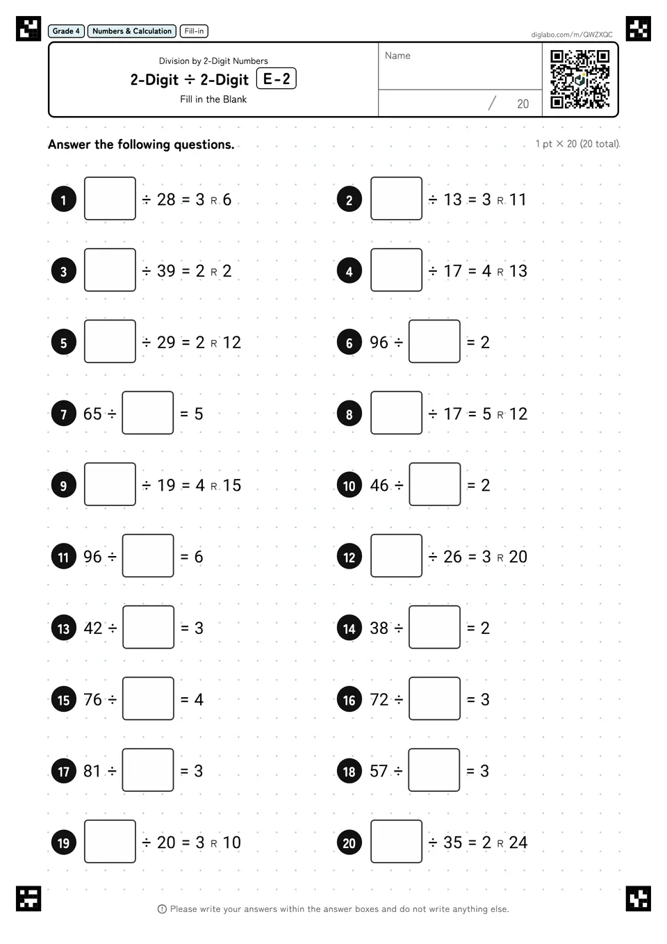 Grade 4 (Elementary School) Division by 2-Digit Numbers 2-Digit ÷ 2-Digit