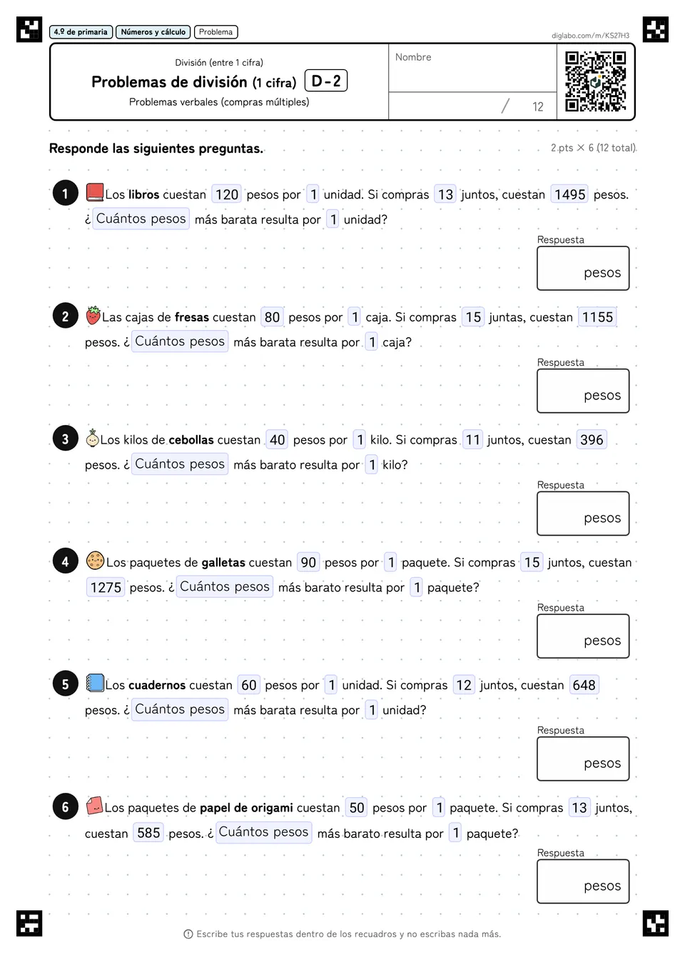 4.º de primaria División (entre 1 cifra) Problemas de división (1 cifra)