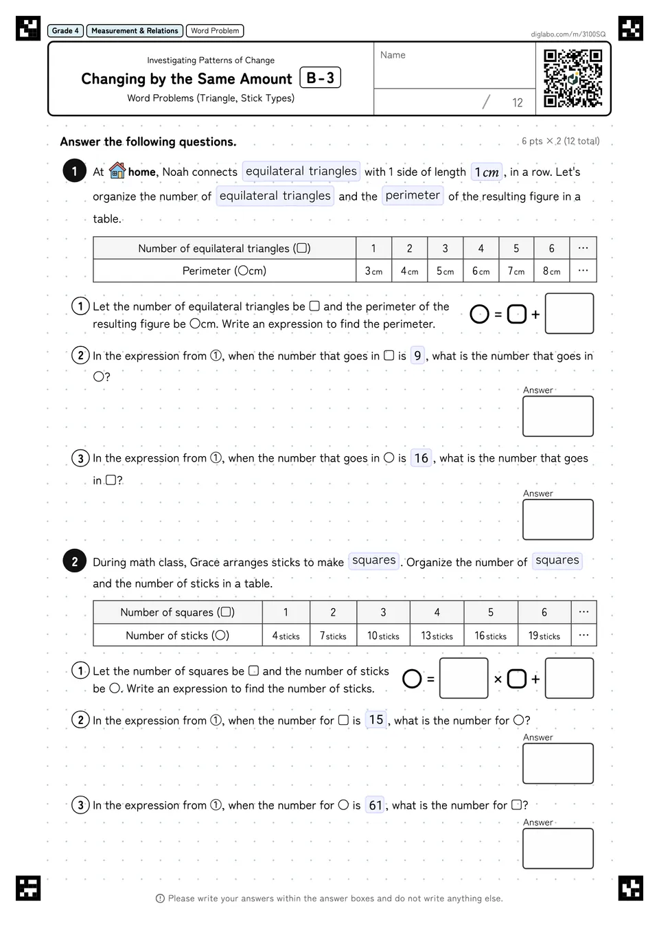 Grade 4 (Elementary School) Investigating Patterns of Change Changing by the Same Amount