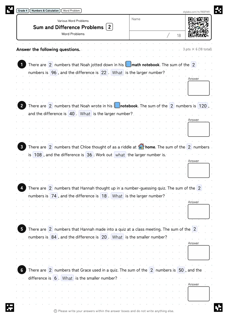 Grade 4 (Elementary School) Various Word Problems Sum and Difference Problems