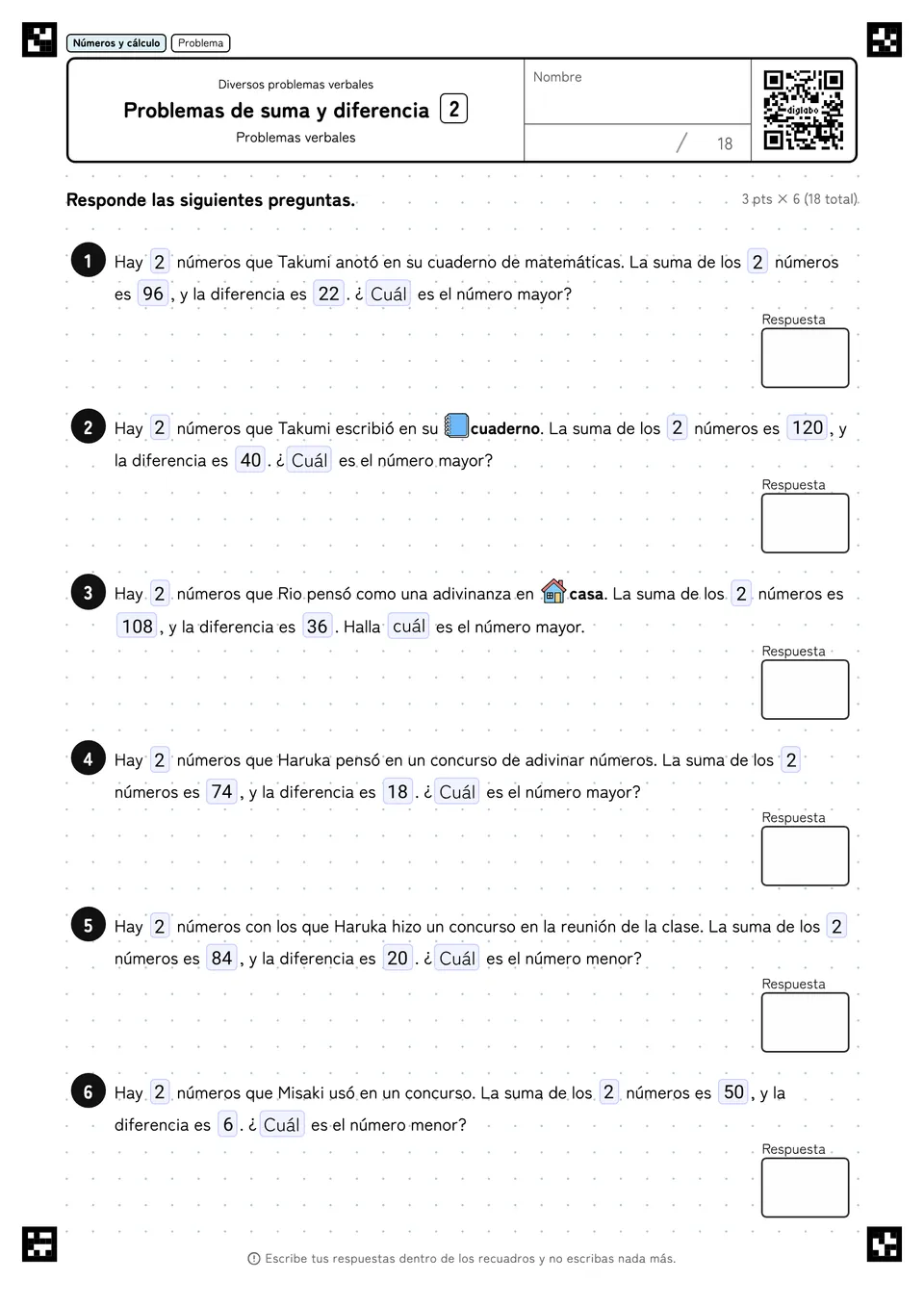 Problemas de suma y diferencia 2