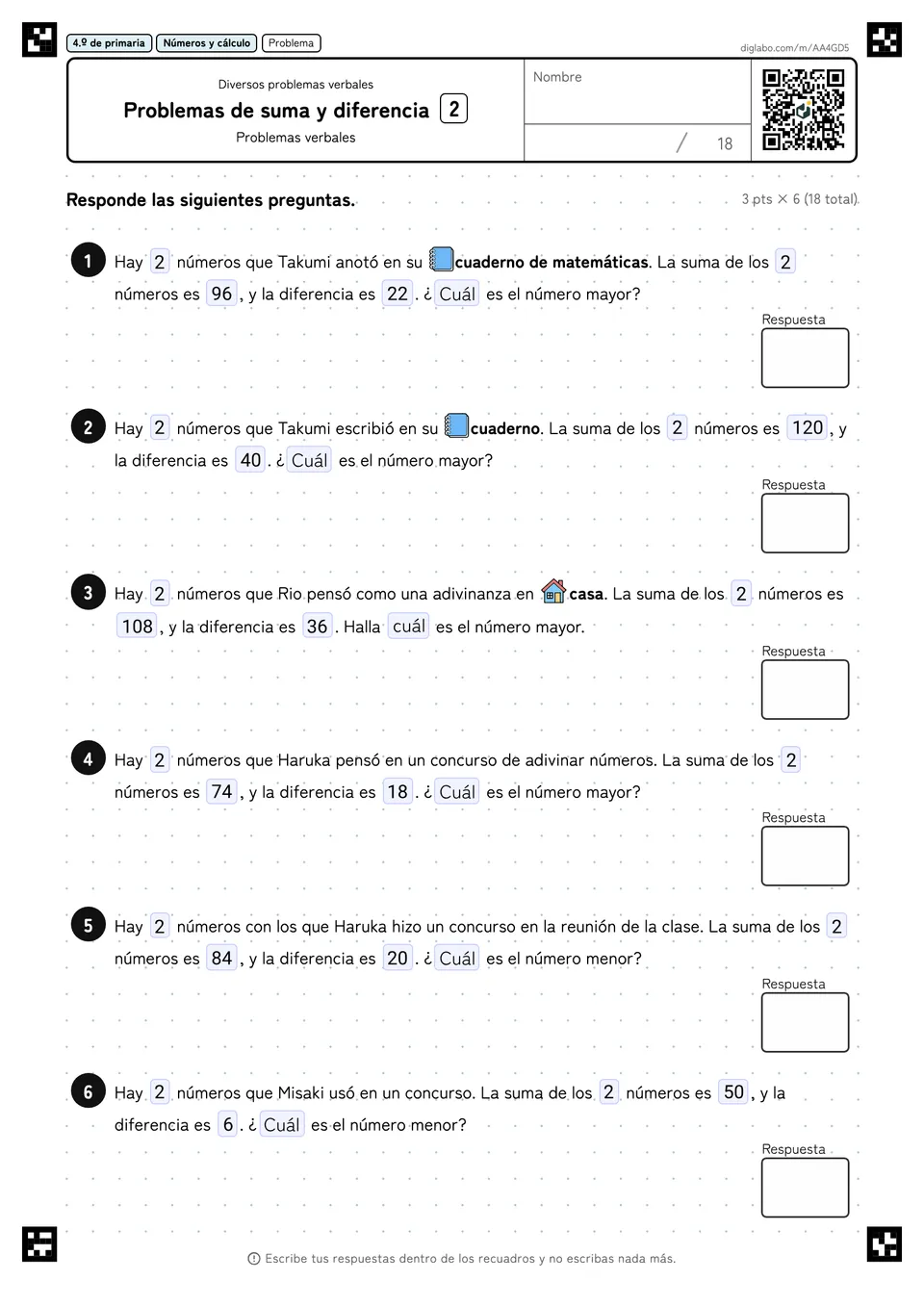 4.º de primaria Diversos problemas verbales Problemas de suma y diferencia