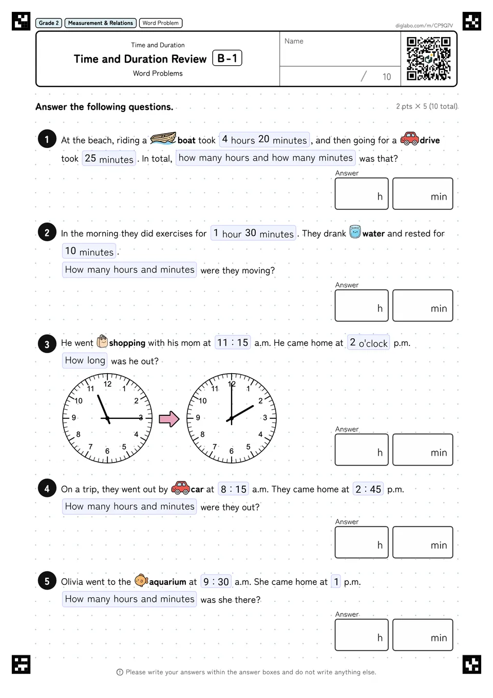 Grade 2 (Elementary School) Time and Duration Time and Duration Review