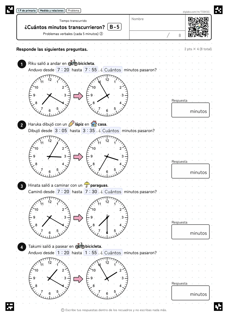 1.º de primaria Tiempo transcurrido ¿Cuántos minutos transcurrieron?