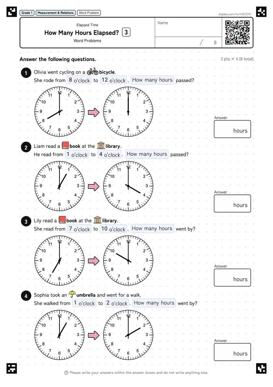 Grade 1 (Elementary School) Elapsed Time How Many Hours Elapsed?
