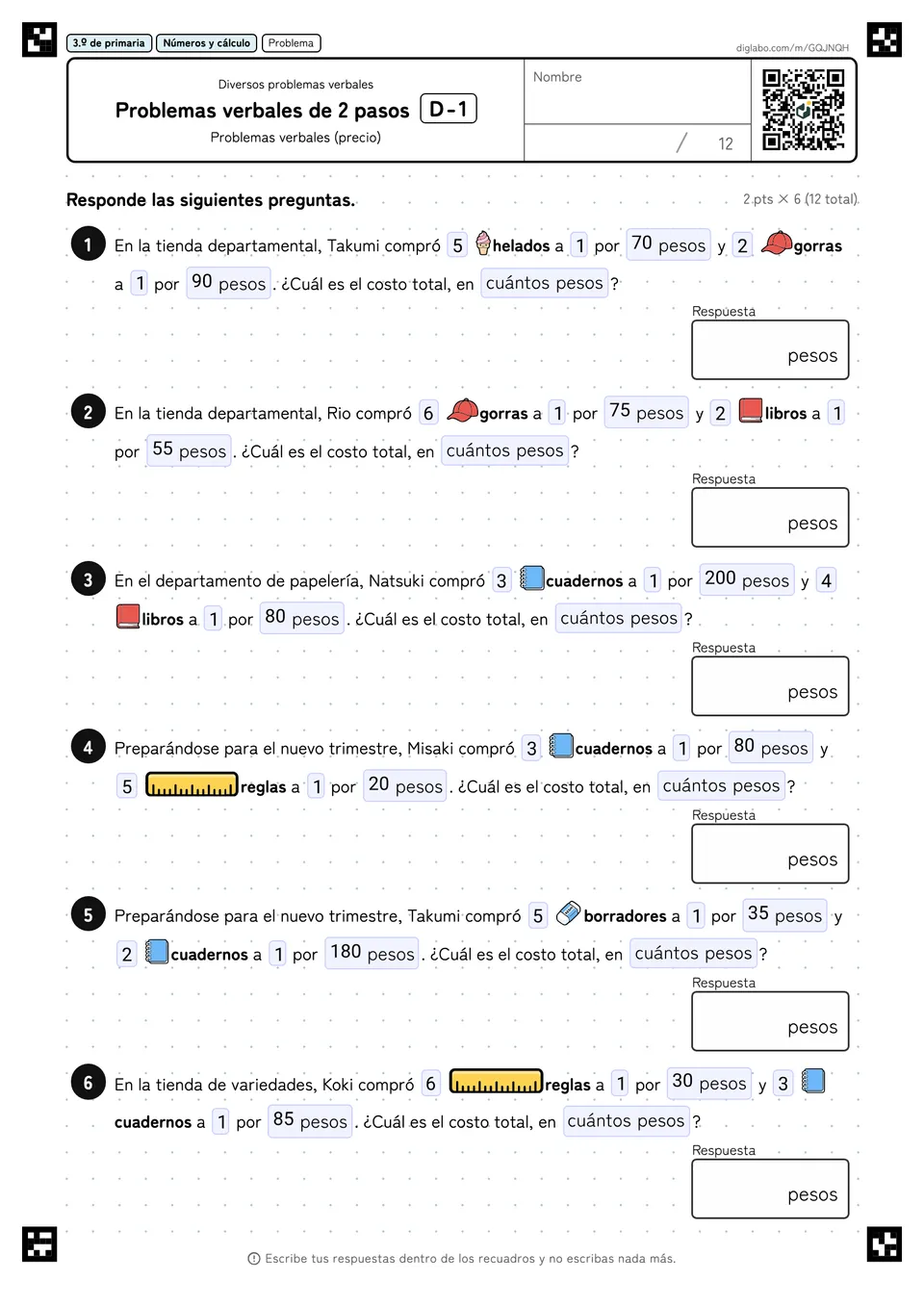 3.º de primaria Diversos problemas verbales Problemas verbales de 2 pasos