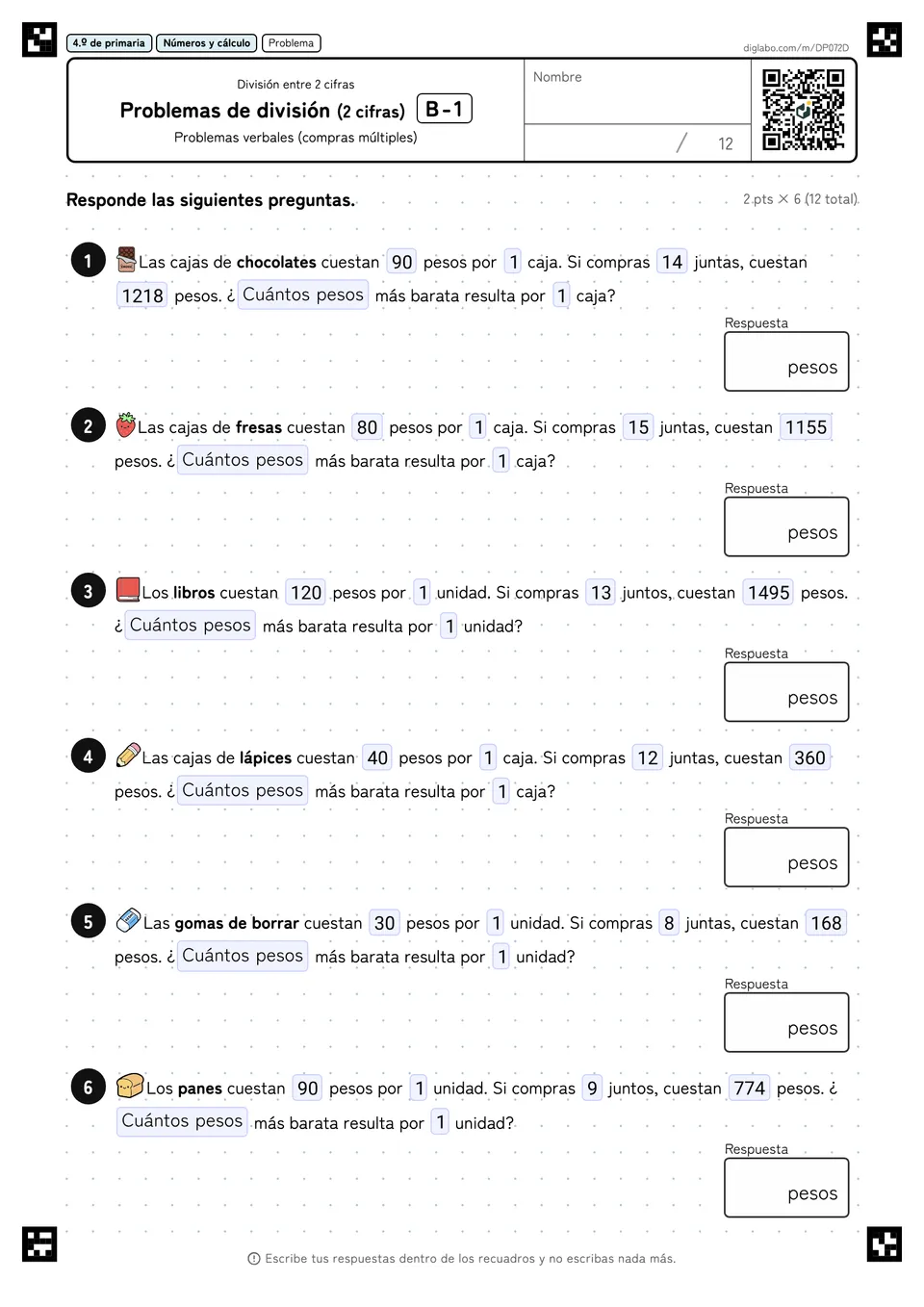 4.º de primaria División entre 2 cifras Problemas de división (2 cifras)