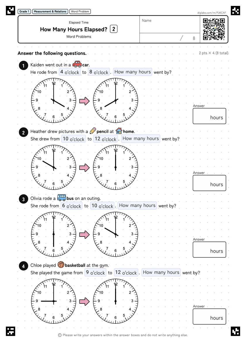 Grade 1 (Elementary School) Elapsed Time How Many Hours Elapsed?