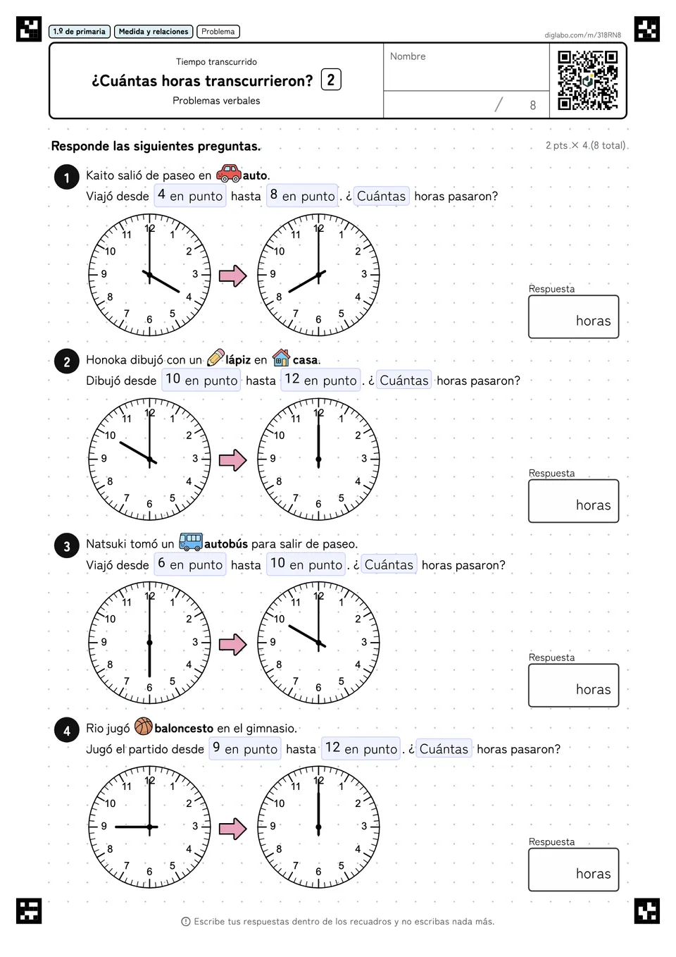 1.º de primaria Tiempo transcurrido ¿Cuántas horas transcurrieron?