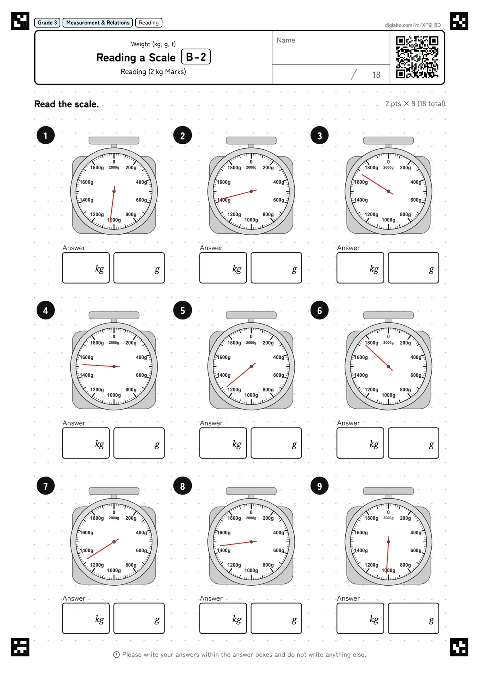 Grade 3 (Elementary School) Weight (kg, g, t) Reading a Scale