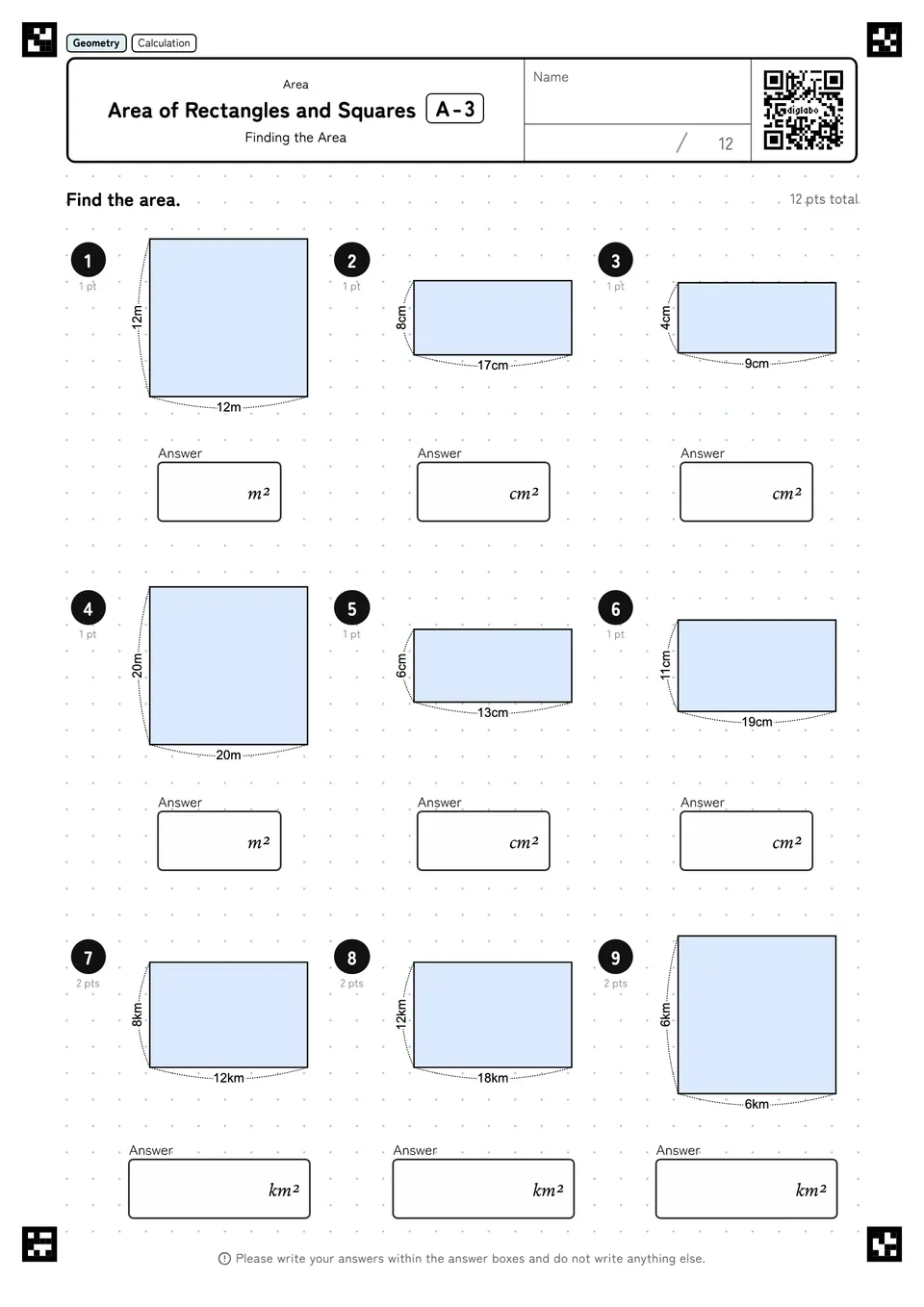 Area of Rectangles and Squares A-3