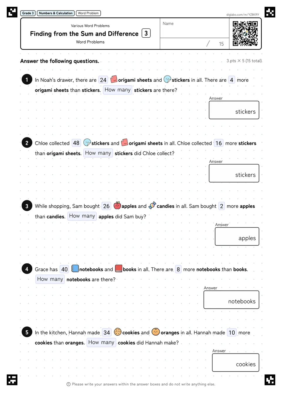 Grade 3 (Elementary School) Various Word Problems Finding from the Sum and Difference