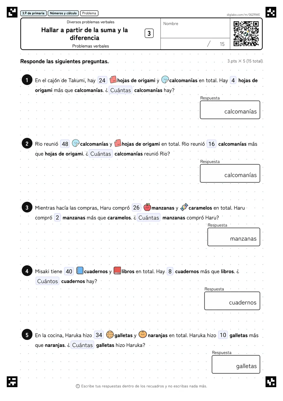3.º de primaria Diversos problemas verbales Hallar a partir de la suma y la diferencia