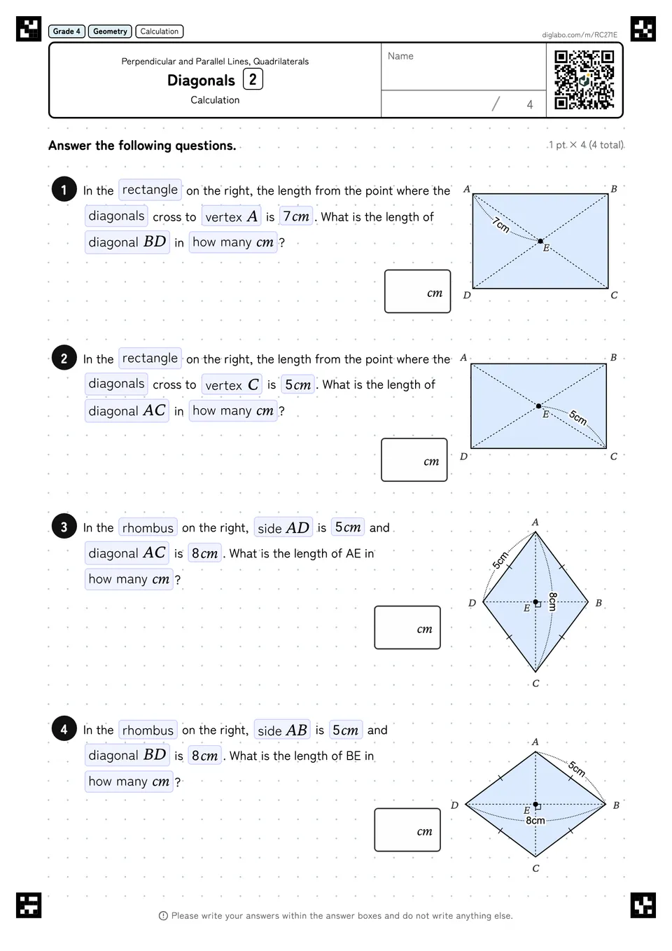 Grade 4 (Elementary School) Perpendicular and Parallel Lines, Quadrilaterals Diagonals