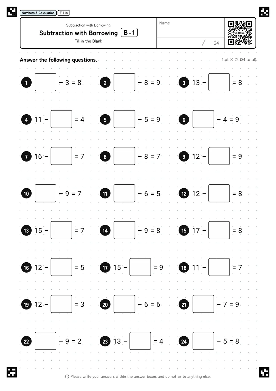 Subtraction with Borrowing B-1
