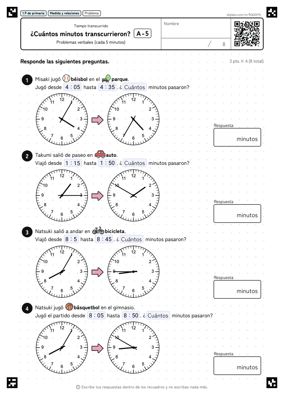 1.º de primaria Tiempo transcurrido ¿Cuántos minutos transcurrieron?