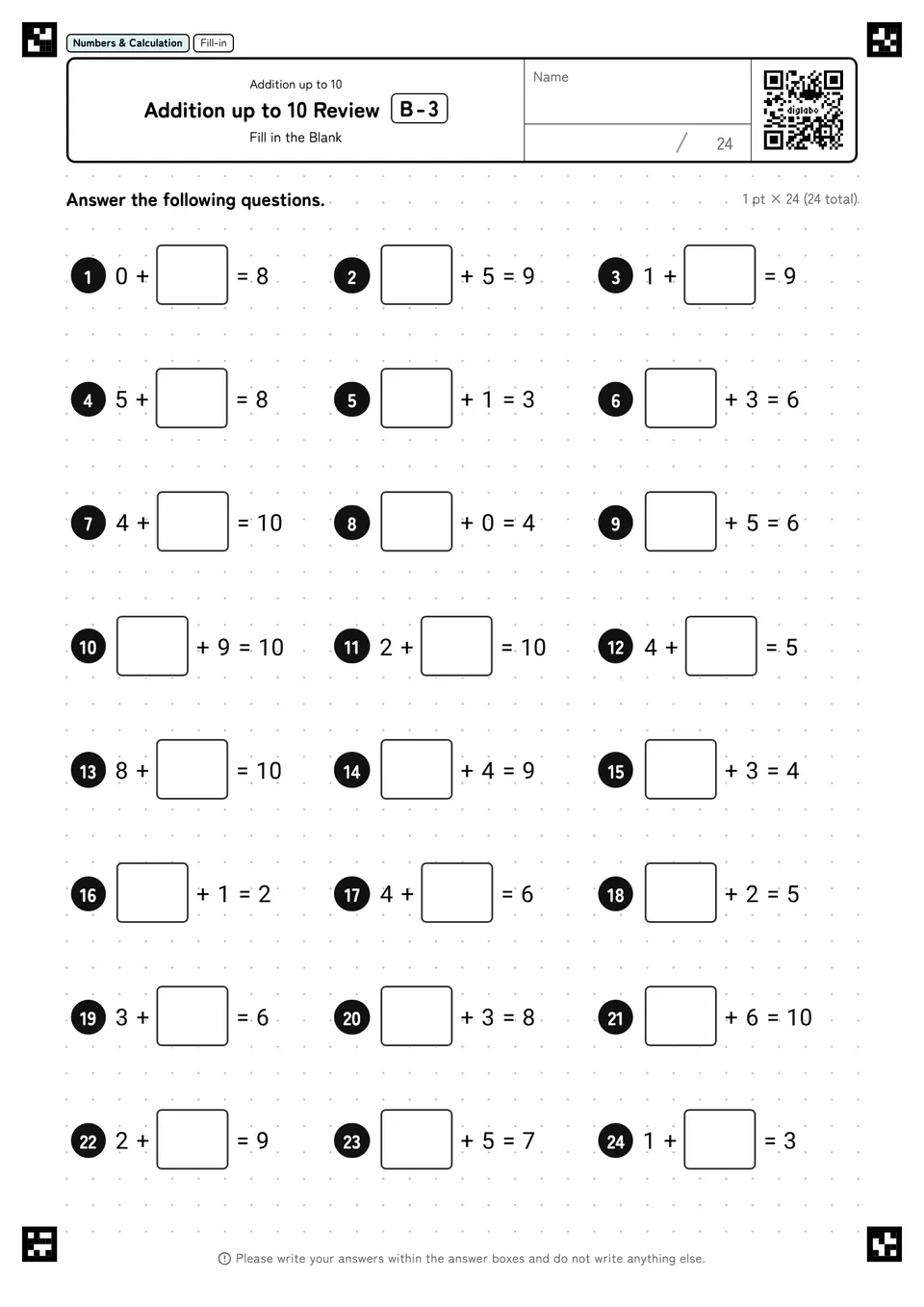 Addition up to 10 Review B-3