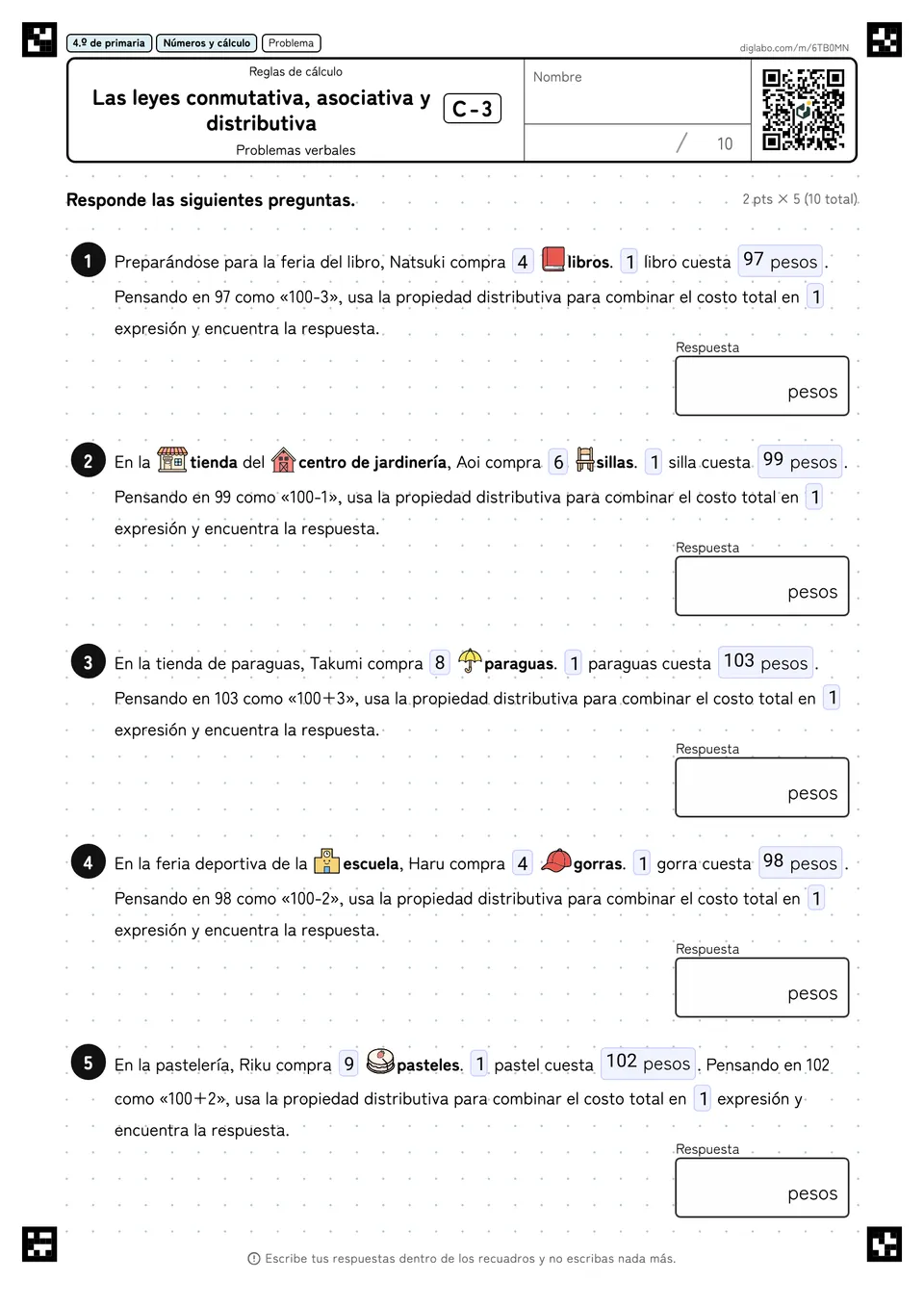 4.º de primaria Reglas de cálculo Las leyes conmutativa, asociativa y distributiva