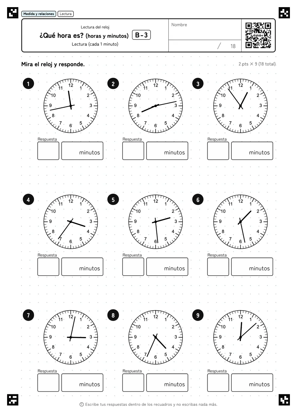 ¿Qué hora es? (horas y minutos) B-3