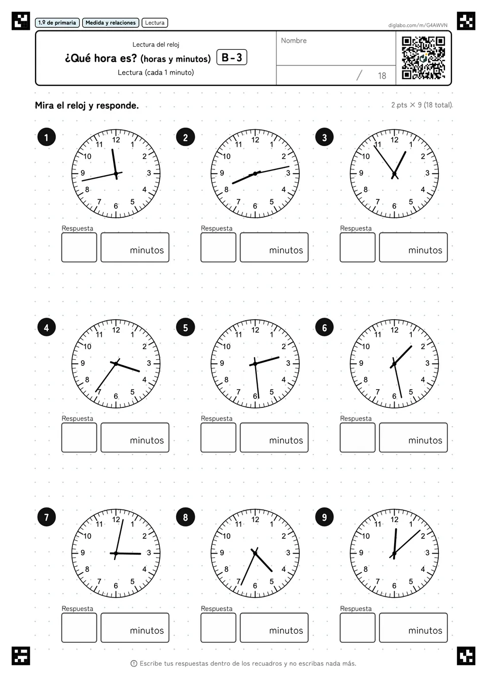 1.º de primaria Lectura del reloj ¿Qué hora es? (horas y minutos)