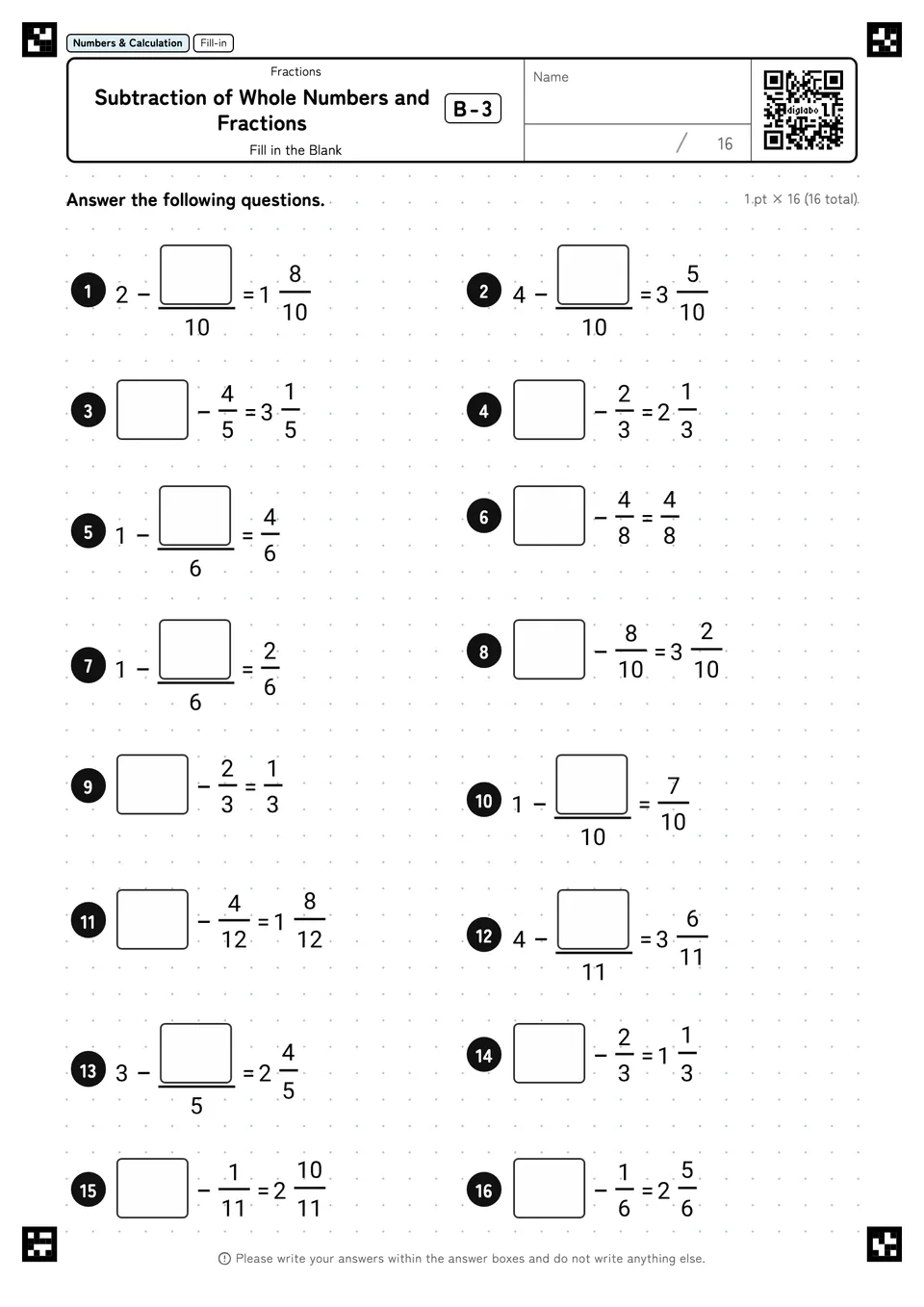 Subtraction of Whole Numbers and Fractions B-3