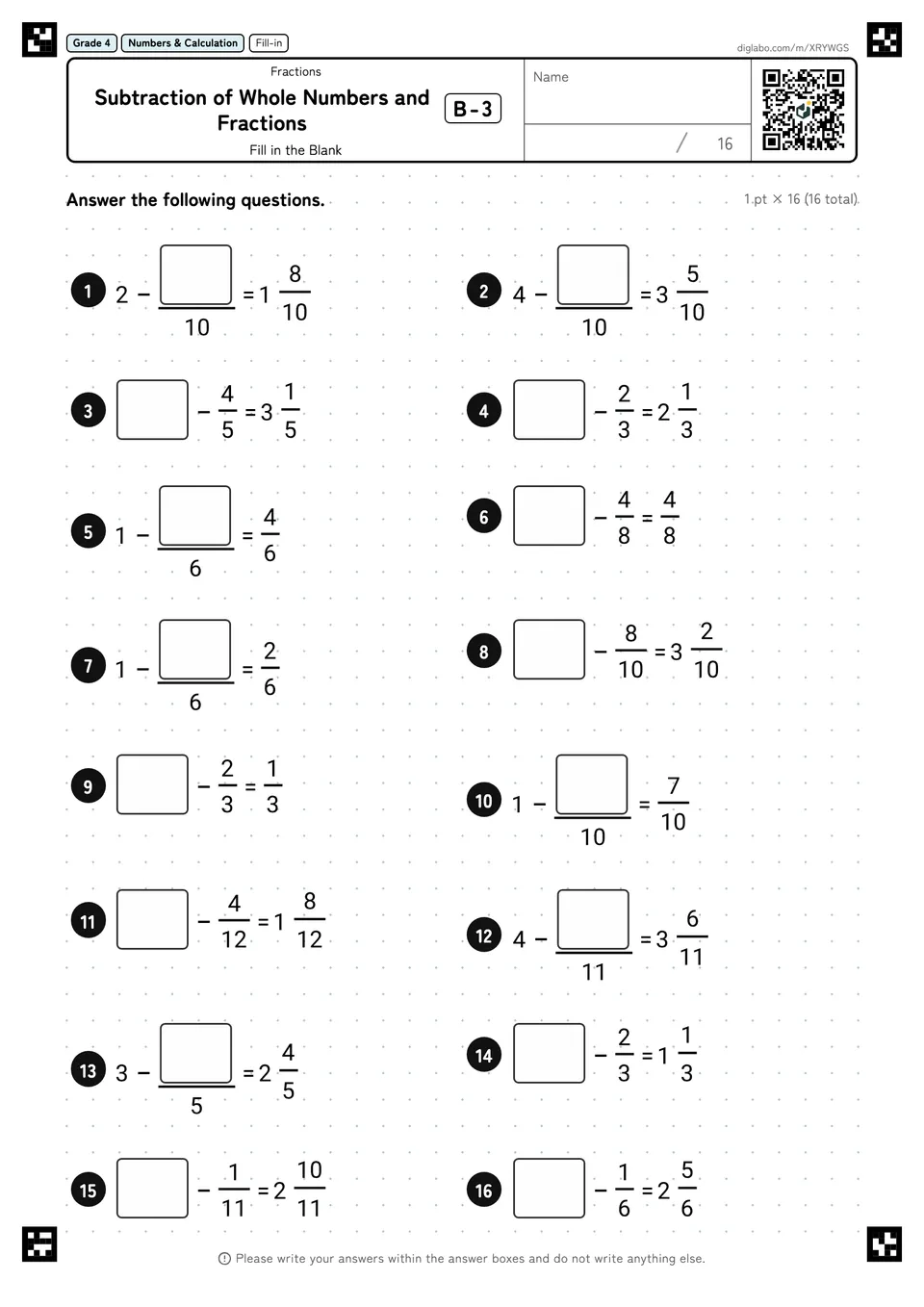 Grade 4 (Elementary School) Fractions Subtraction of Whole Numbers and Fractions