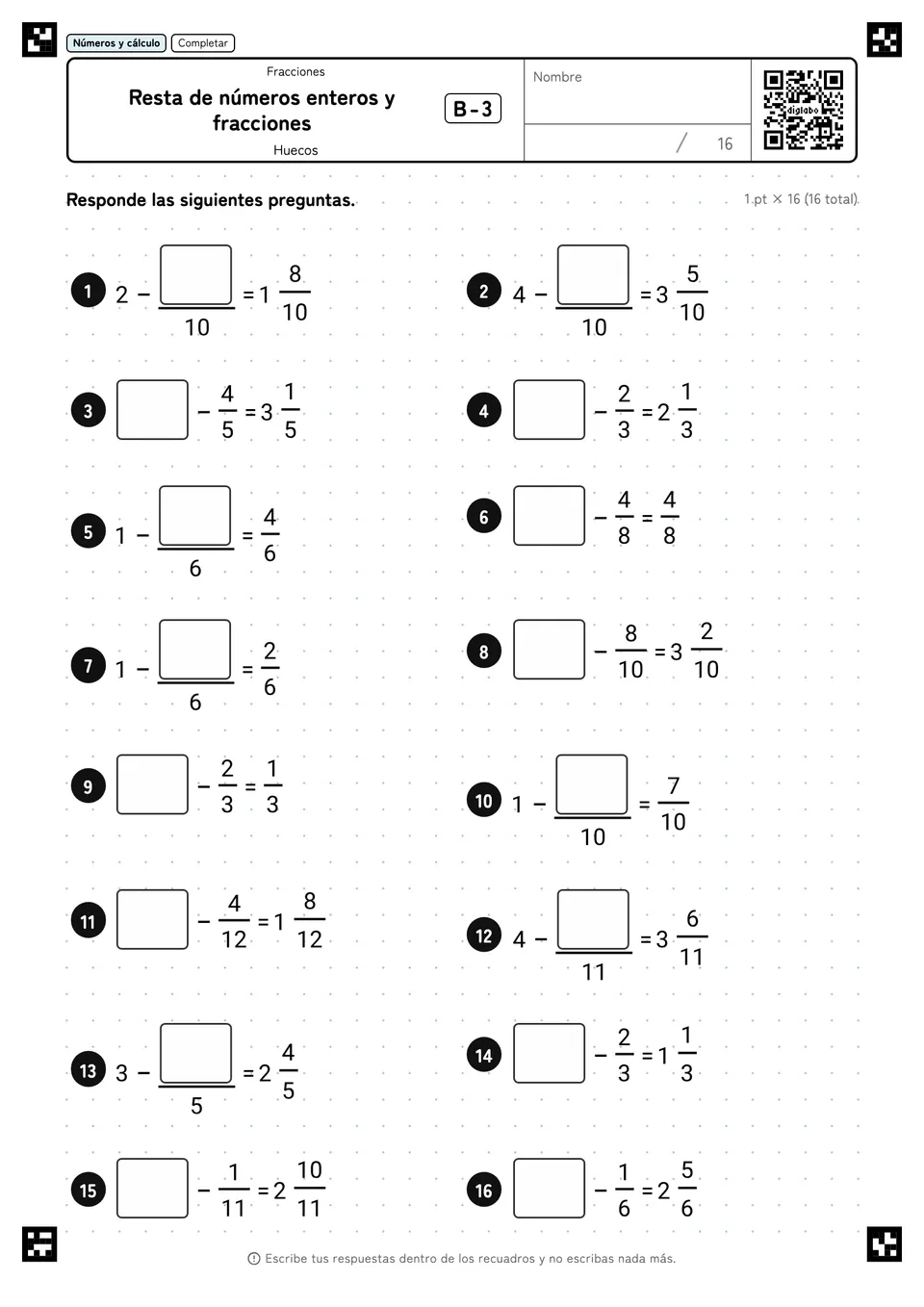 Resta de números enteros y fracciones B-3