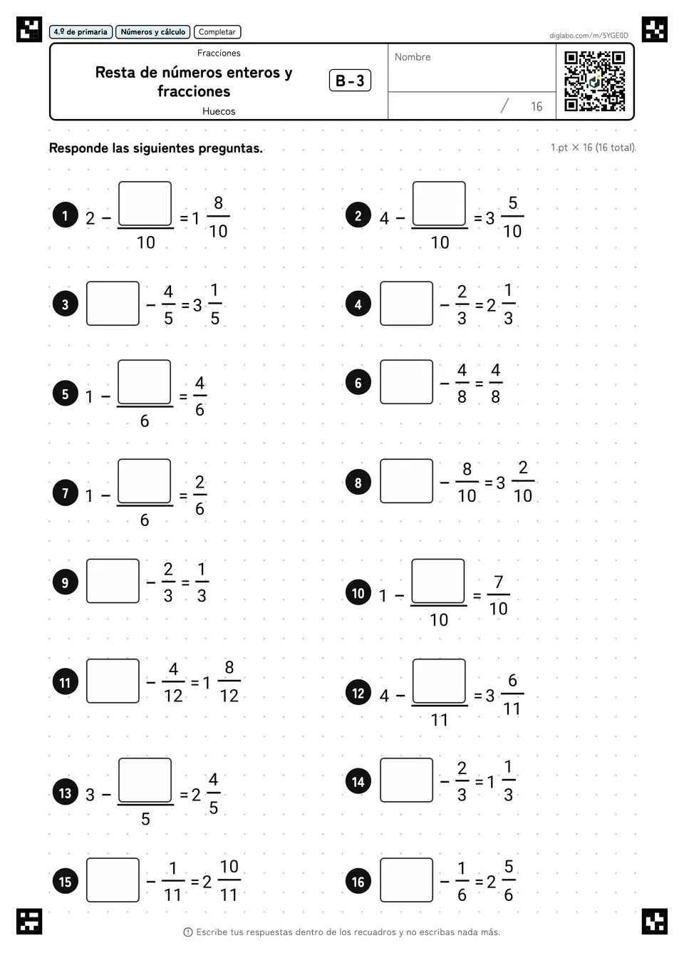 4.º de primaria Fracciones Resta de números enteros y fracciones