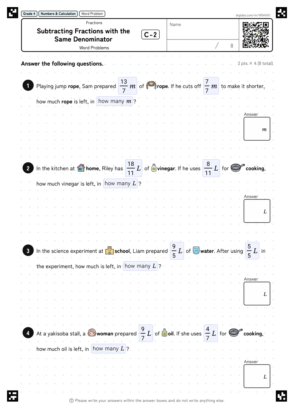Grade 4 (Elementary School) Fractions Subtracting Fractions with the Same Denominator