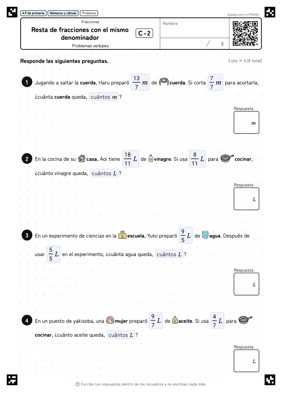 4.º de primaria Fracciones Resta de fracciones con el mismo denominador