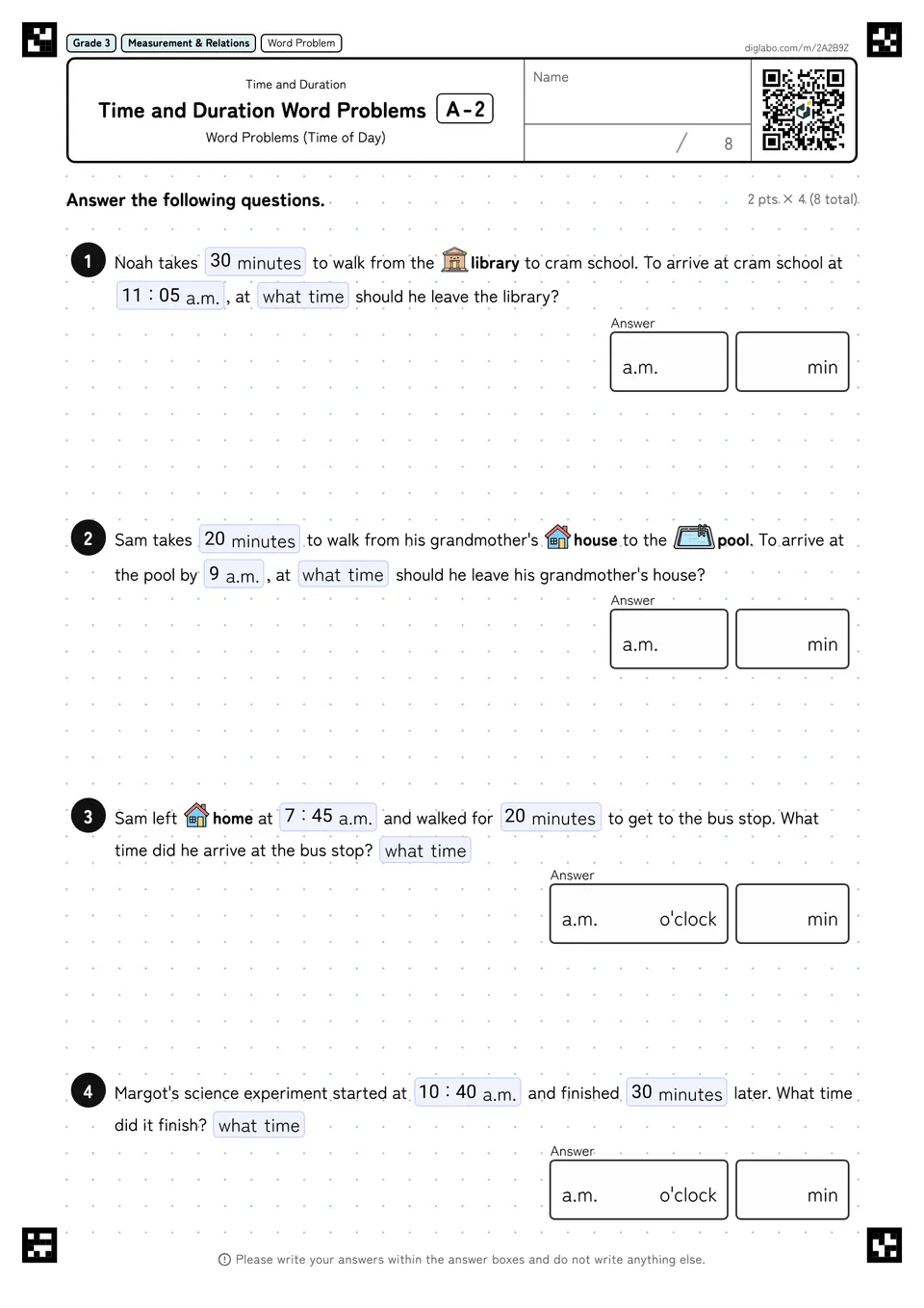 Grade 3 (Elementary School) Time and Duration Time and Duration Word Problems