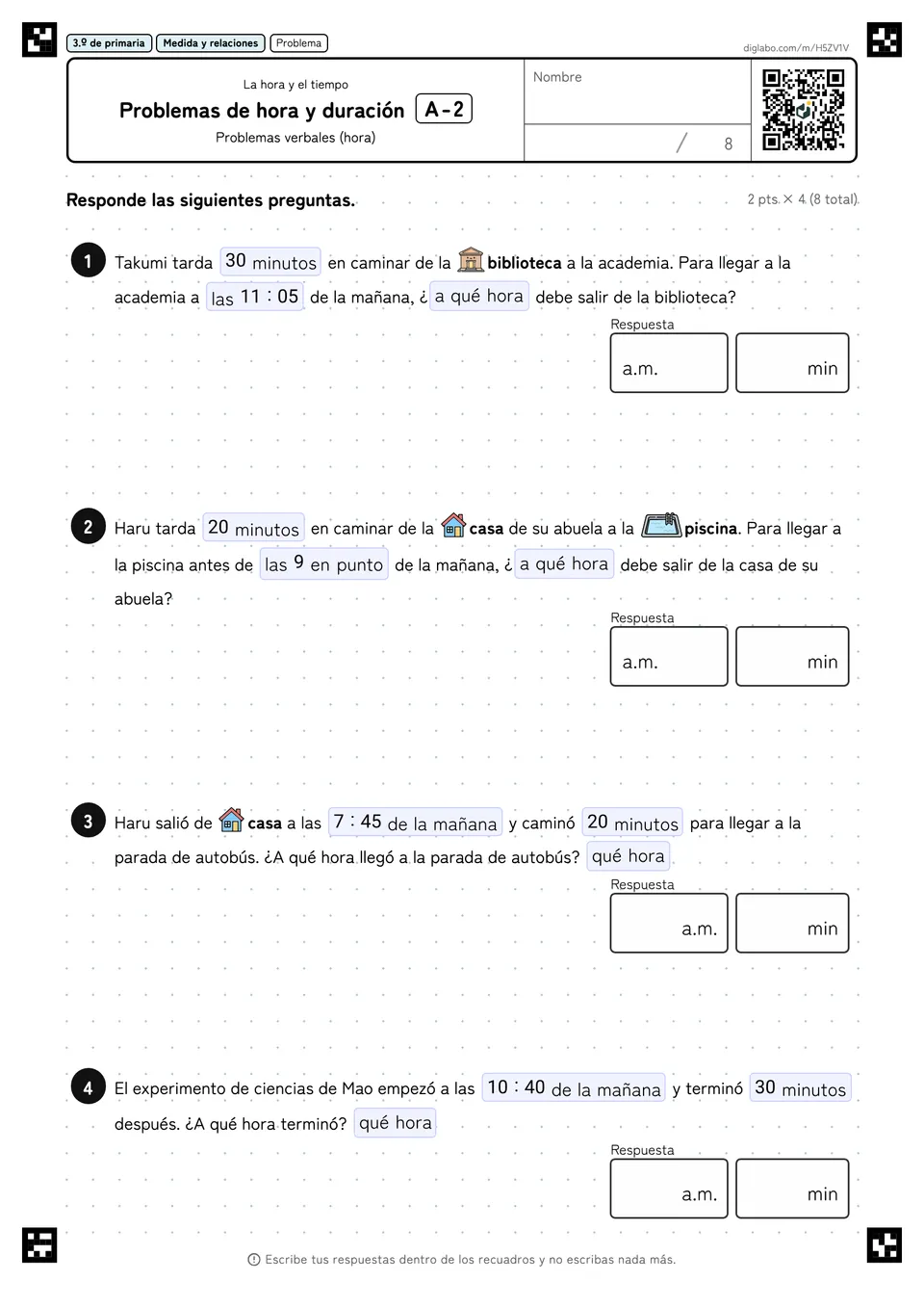 3.º de primaria La hora y el tiempo Problemas de hora y duración