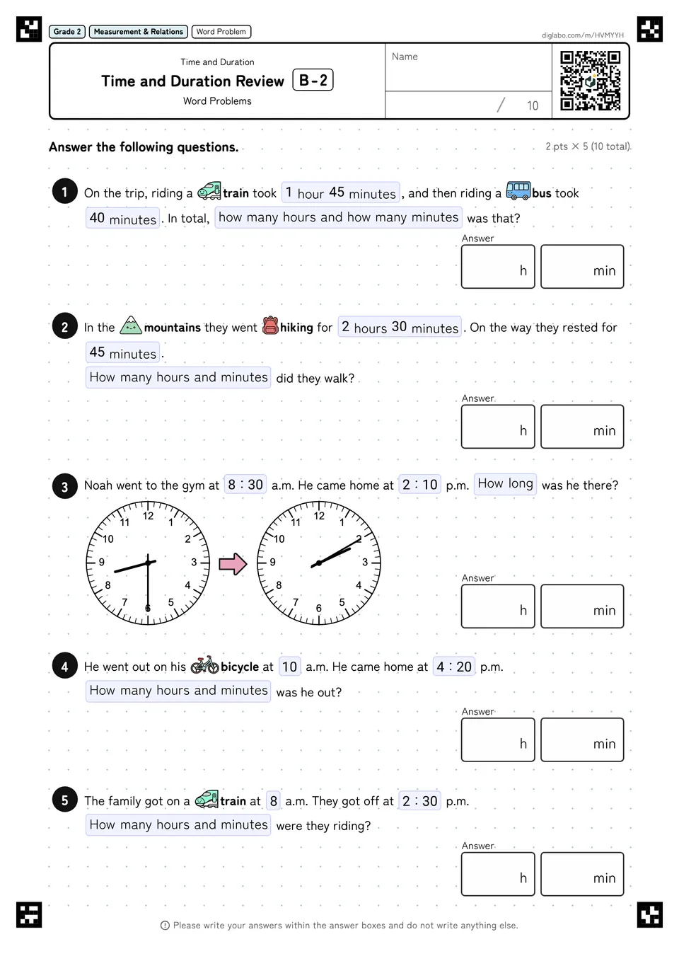 Grade 2 (Elementary School) Time and Duration Time and Duration Review