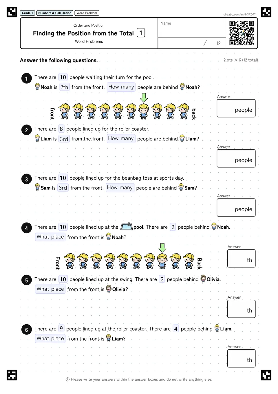 Grade 1 (Elementary School) Order and Position Finding the Position from the Total