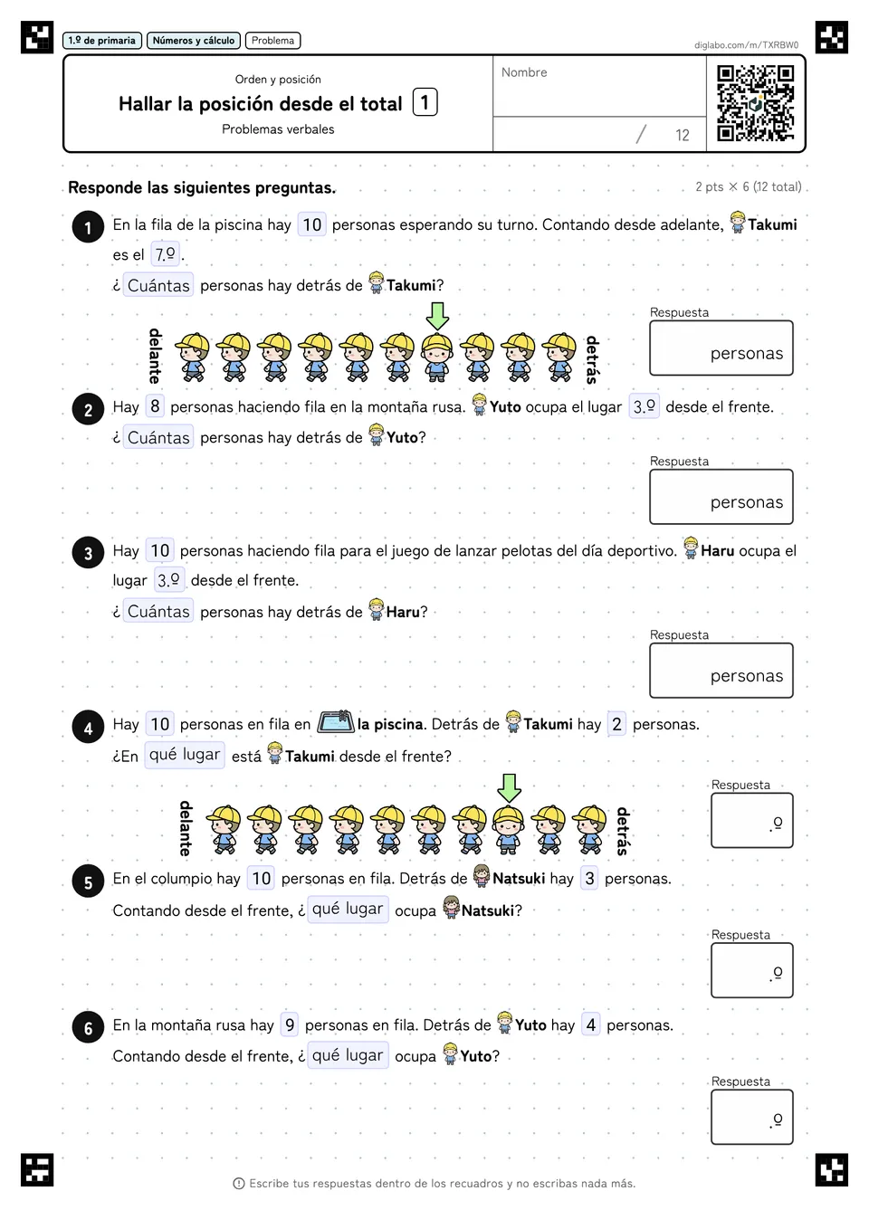 1.º de primaria Orden y posición Hallar la posición desde el total